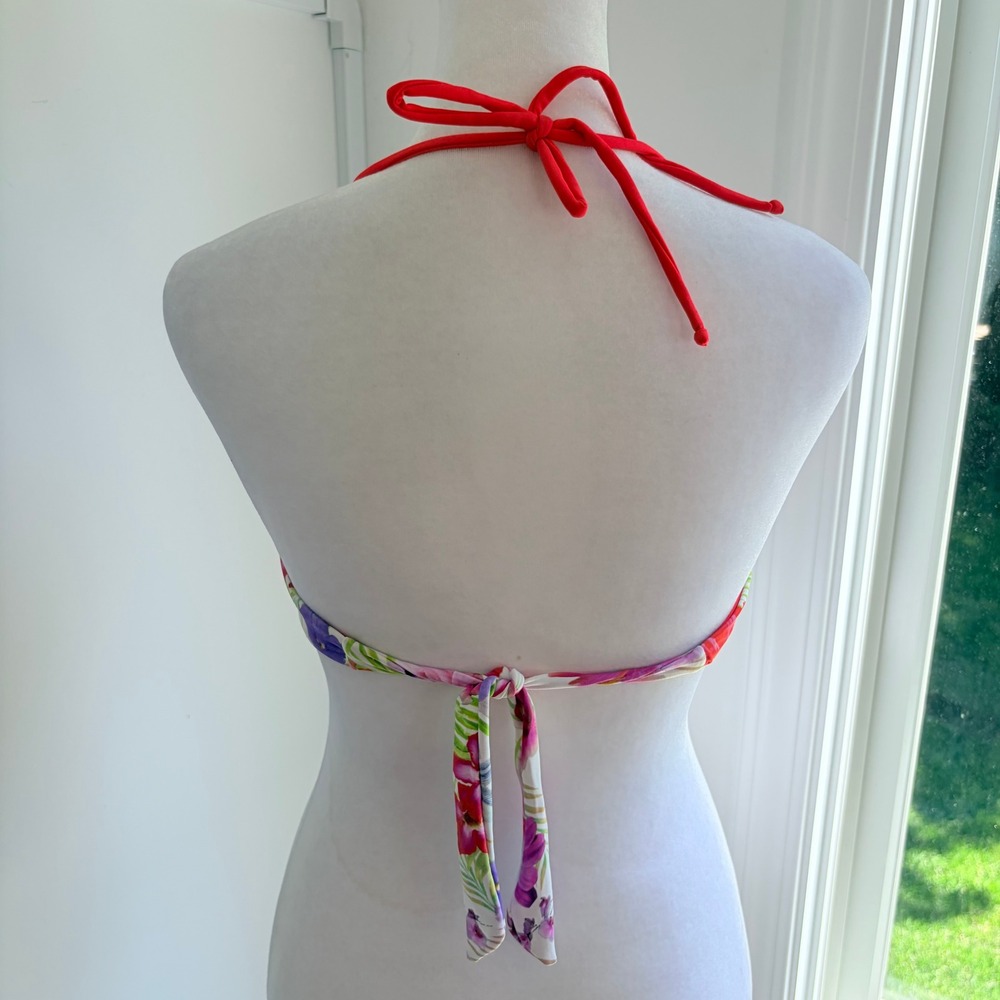 Malai Bikini Top Medium Floral Ruffle Tropical Halter or Strapless Swimsuit Pink - Picture 4 of 5